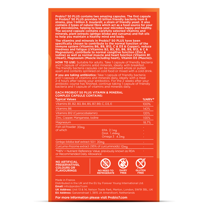 rear of Probio7 50 Plus probiotics