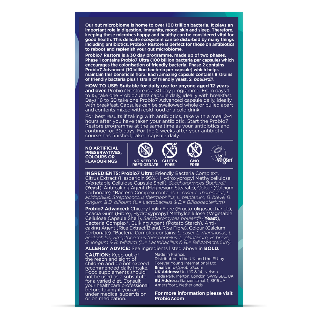rear of Probio7 Restore probiotic supplement