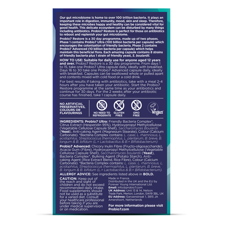 rear of Probio7 Restore probiotic supplement